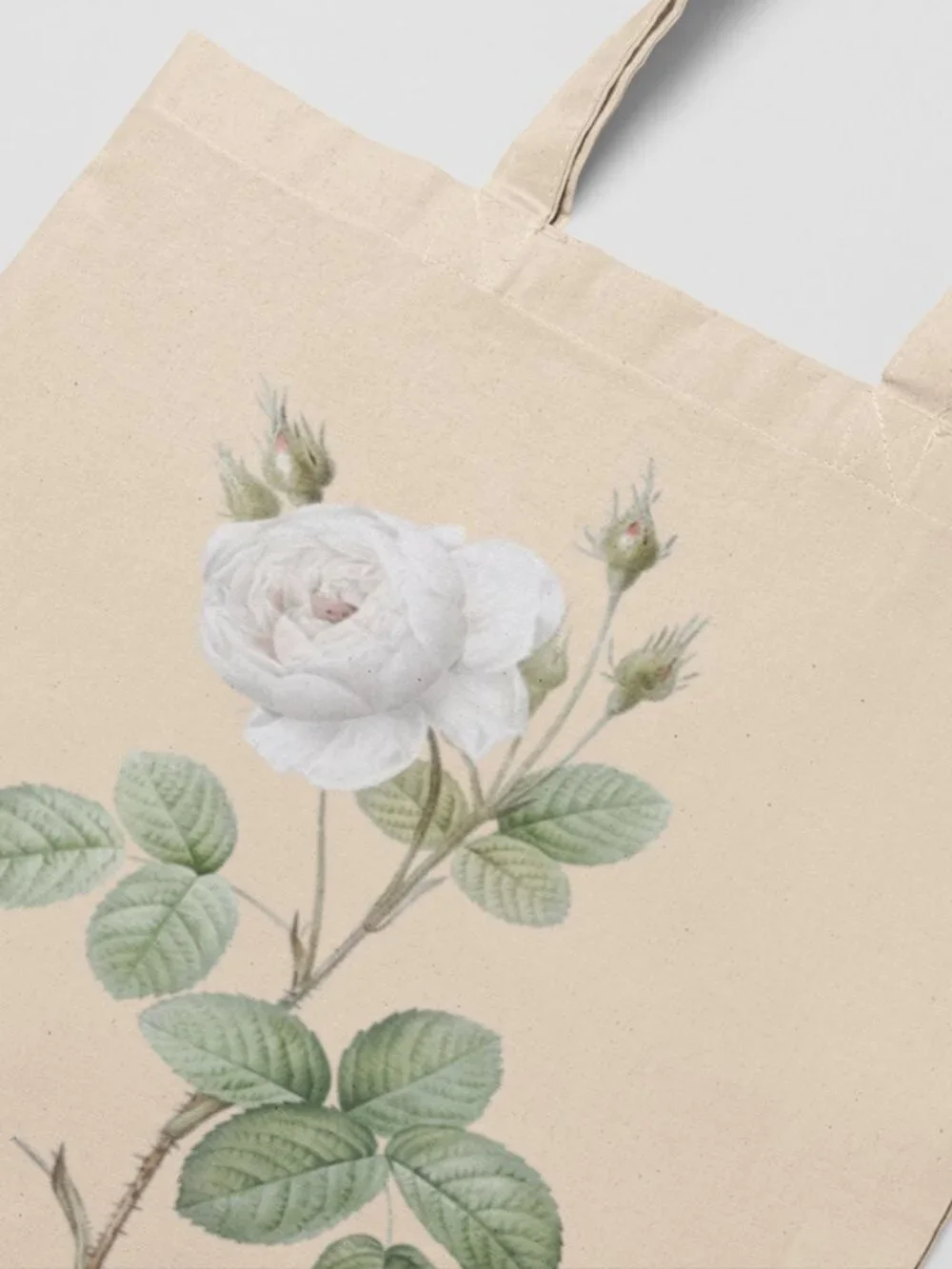 White Moss Rose Vintage Floral Print Graphic Canvas Tote Bag